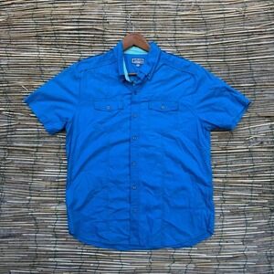 Fishing Blue Short Sleeve Button Down Shirt Size Large Outdoor Summer Travel